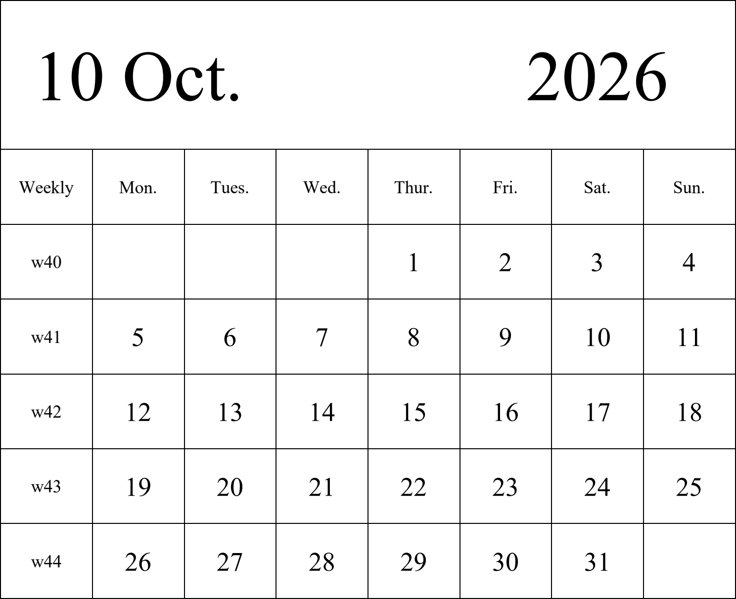 日历表2026年日历 英文版 纵向排版 周一开始 带周数 带节假日调休安排